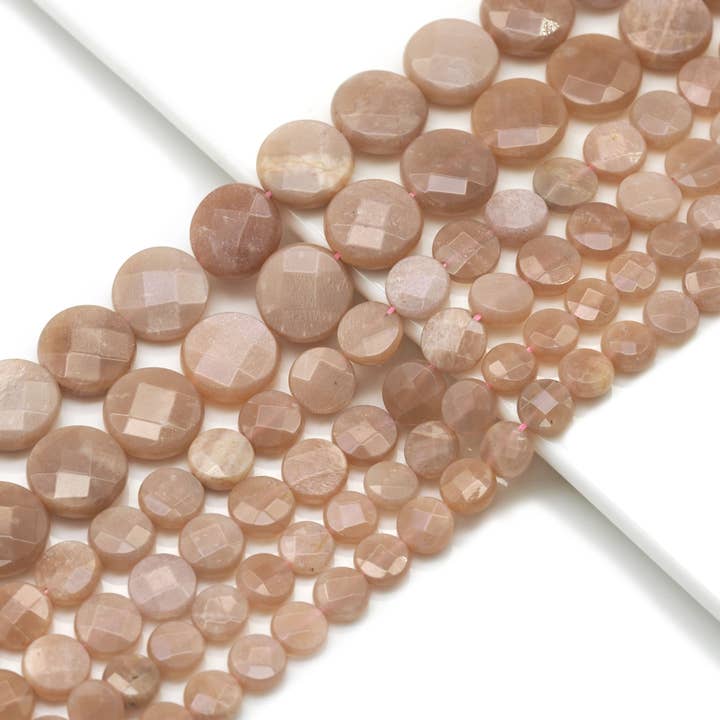 BestBeads&Beyond - Vendita all'ingrosso Perline - Perle di pietra di luna pesca della moneta sfaccettata di qualità naturale, Sku #HY5