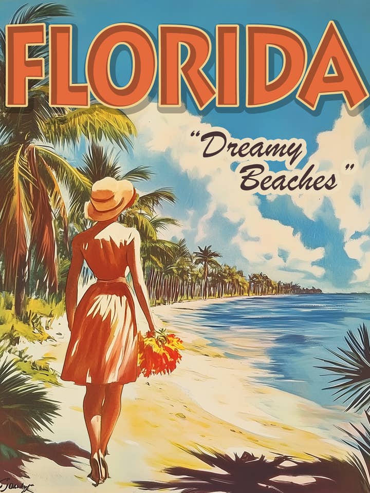 Affiche de voyage vintage sur les plages de Floride - Impression murale - Souvenir Seaside Beachcore - Œuvre d'art de 8 pouces x 10 pouces - 11 pouces x 14 pouces mat pour la vente par Mowbi