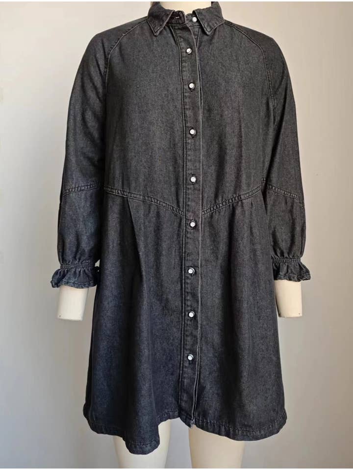 HIDDENBRAND - Wholesale Dress - Women's - Loose-Fitting Long-Sleeved Panelled Denim Dress8