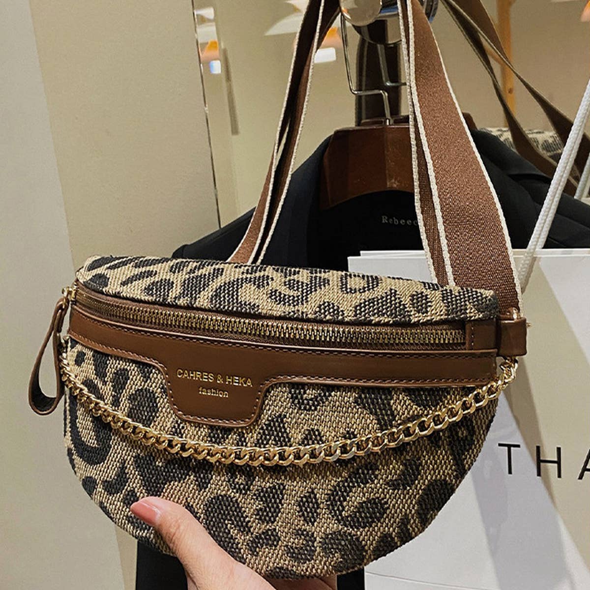 ACCITY - Wholesale Belt Bag - Women's - LEOPARD PRINT BLACK CHAIN STRAP FANNY BELT BAG_CWAB092314