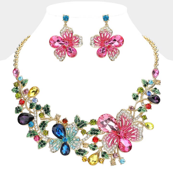 Flower Glass Stone Embellished Evening Necklace for wholesale by Sensibling Corp.