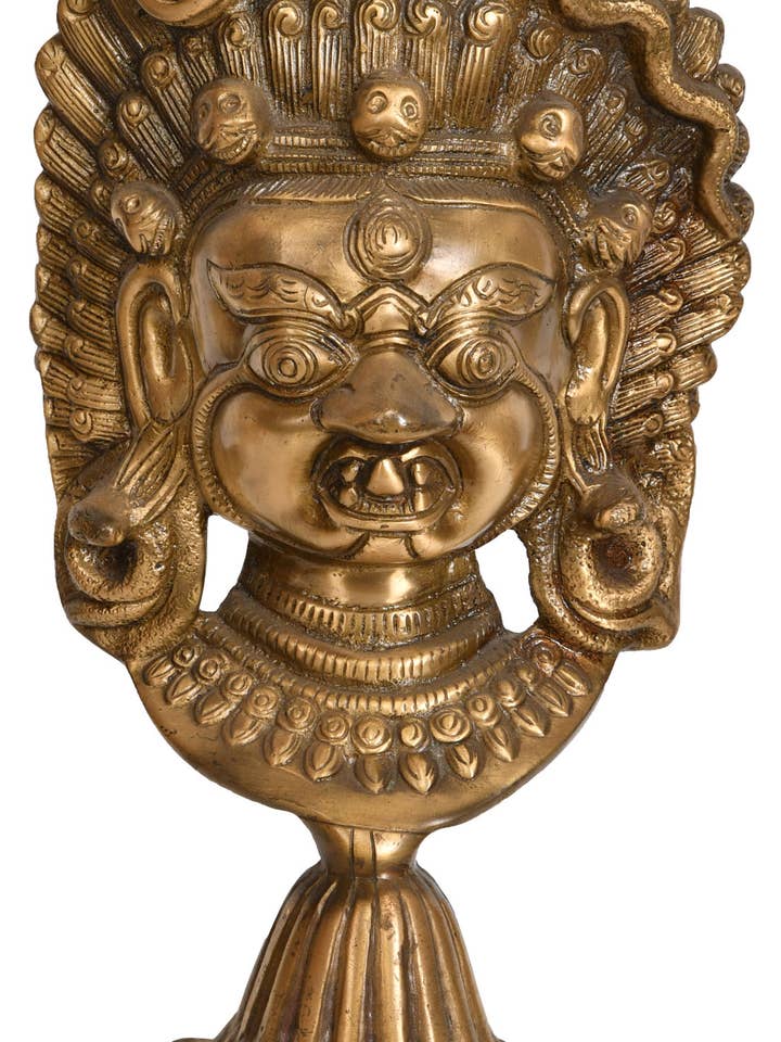 10 Zoll große Mahakala-Maske auf Ständer aus Messing | Handgefertigt | Hergestellt in Indien für den Großhandel von Exotic India Art