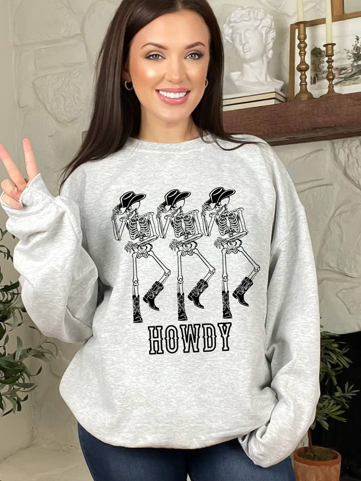 Howdy Cowboy Skeletons Western Crewneck Sweatshirt for wholesale by Desert Raine