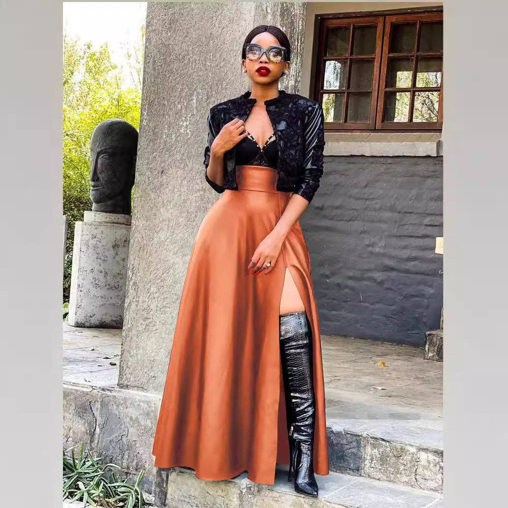SALINA TRADING INC - Wholesale Skirt - Women's - Women Fashion Sexy Solid Color Leather Long Skirt4