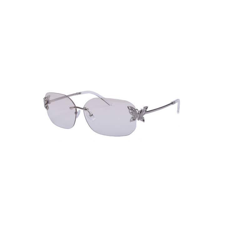 Lunettes de soleil sans monture à accent papillon – Argent / Fumée claire pour la vente par V by Vye Eyewear