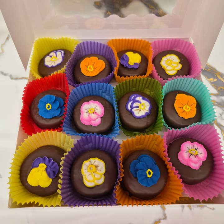 Pansies on Oreo's Hand Decorated box of 24 for wholesale by Bear Creek Candy Kitchen