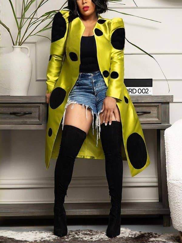 YELLOW Long Sleeves Loose Pleated Polka-Dot Split-Joint Round-Neck Outerwear for wholesale on Faire