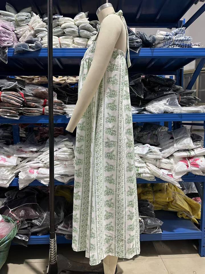 green Calista Ethnic Floral Print midi dress with bow straps for wholesale on Faire7