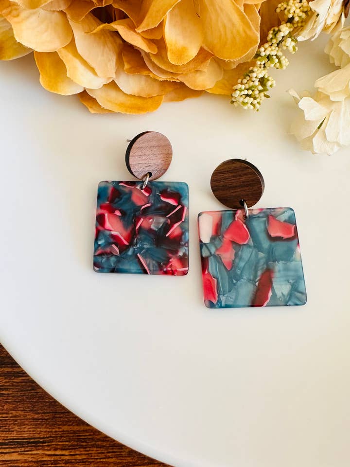 Square Colorful Acetate resin earring, wood post for wholesale by BuidesignCo