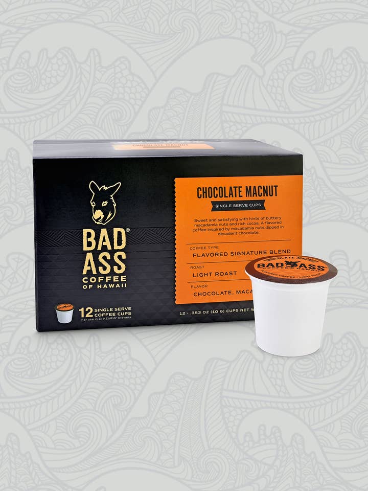 Single Serve Cups | Chocolate Macnut 12-pack for wholesale by Bad Ass Coffee of Hawaii