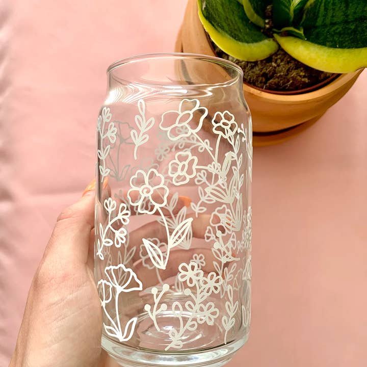 MarieDesignCo - Wholesale Drinking Glass/Cup - Floral coffee cup, 16 oz pint, glass can coffee cup2