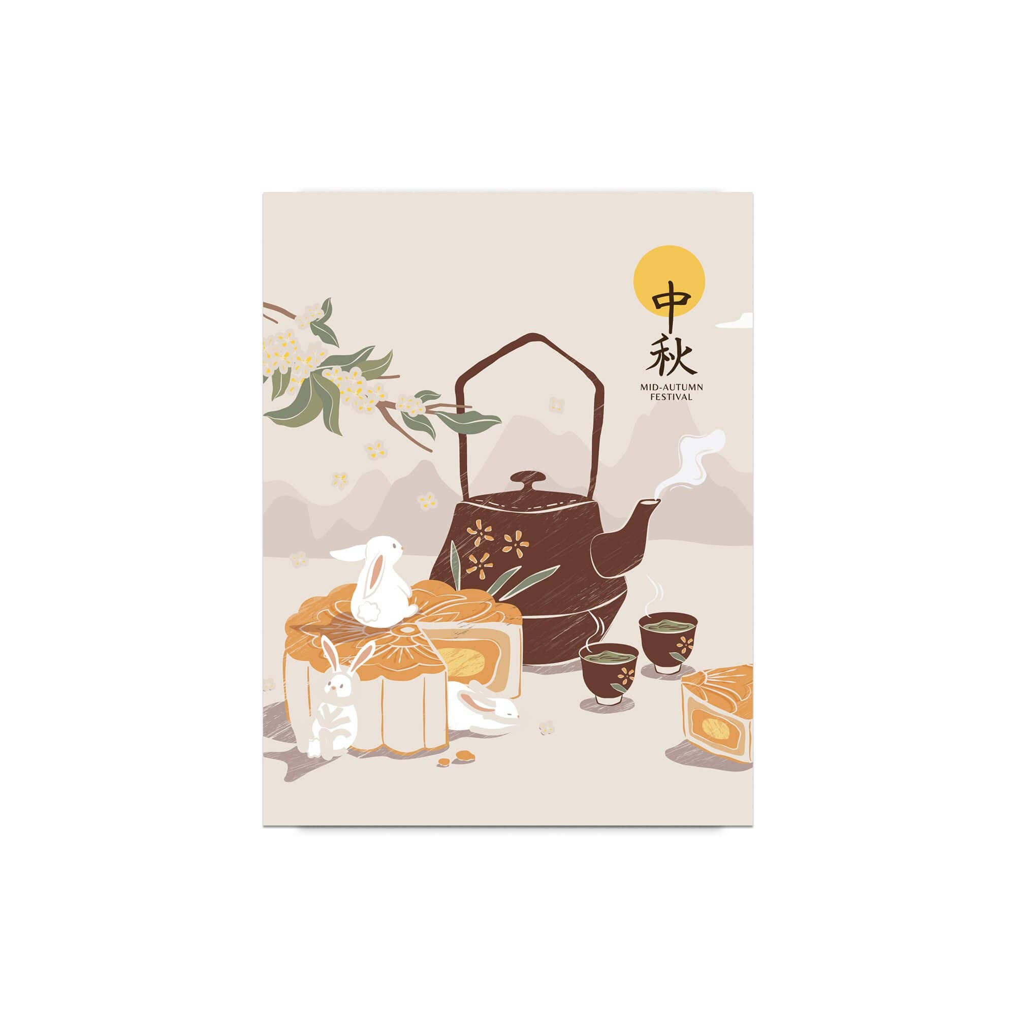 Cute Asian Cards - Wholesale Everyday Greeting Card - Brown Teapot Mid-Autumn Festival Card | Jade Rabbits Full Moon2