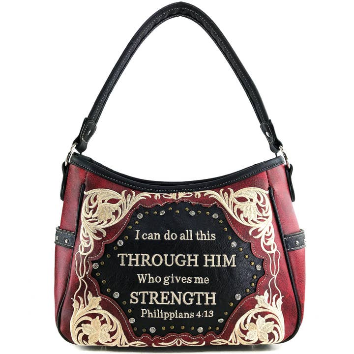 Lunar Deer - Vendita all'ingrosso Tracolla - Donna - Bible Verse Philippians 4:13 Borsa Hobo con ricamo11
