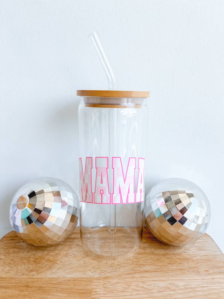 Pink Mama Checkered Iced Coffee Beer Can Glass Mug for wholesale by Wild Souls Co