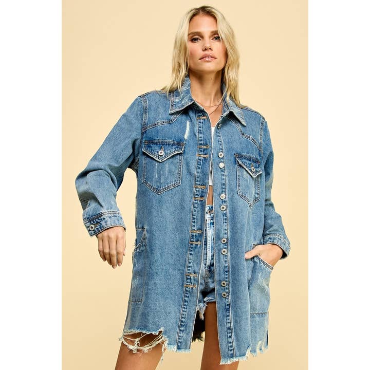 Med Wash Distressed Denim Oversize Western Shirts Jacket for wholesale on Faire