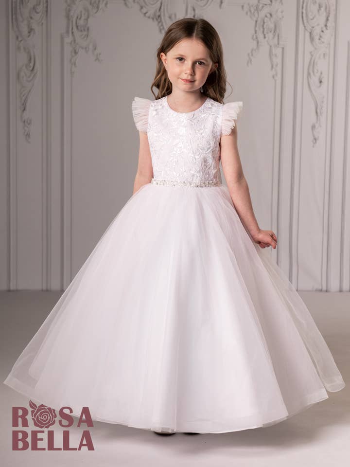 Communiejurk voor meisjes met ruches en kapmouwtjes (RB642) voor wholesale door Sweetie Pie Collection