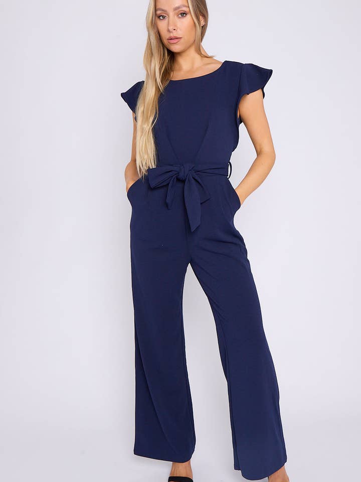 Combinaison à jambes larges ceinturée bleu marine pour la vente par Aftershock London