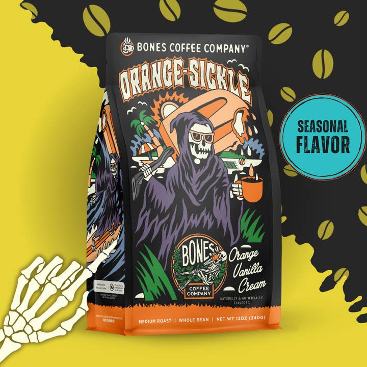 Orange Sickle Flavored Coffee | 12oz | Whole Bean & Ground for wholesale by Bones Coffee Company