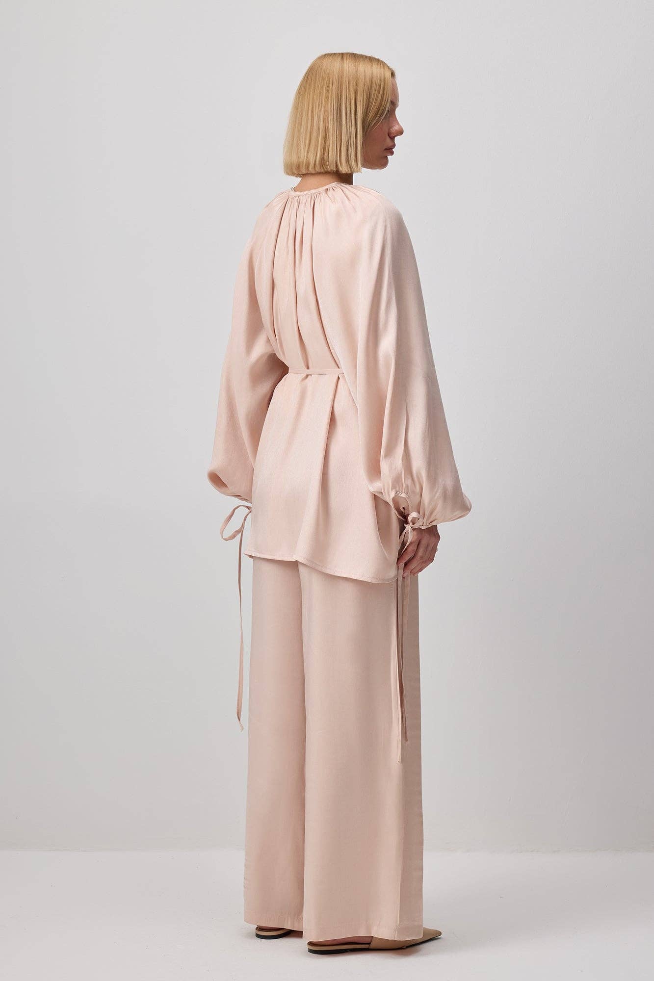 Pink Textured Satin Look Belted Tunic & Wide Leg Pants Set for wholesale on Faire2