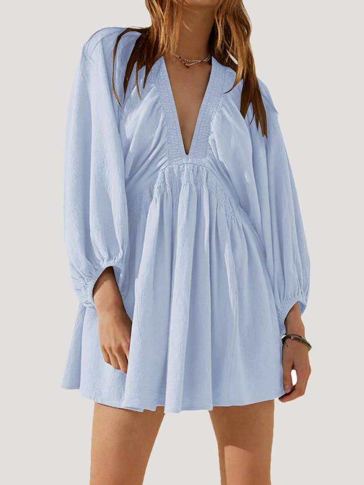 DE VAVE - Wholesale Dress - Women's - Puff Sleeve V-Neck Mini Dress