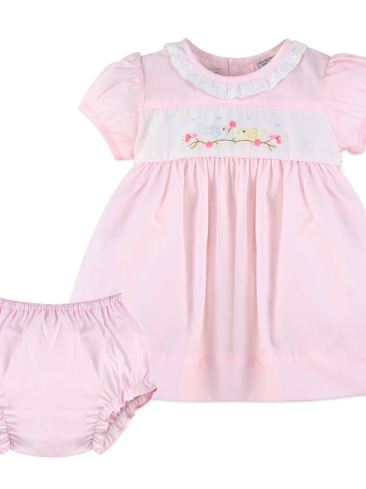 Baby Meisje Hand Gesmokte Klassieke Jurk - Pink Spring Birds voor wholesale door Julius Berger & Carriage Boutique