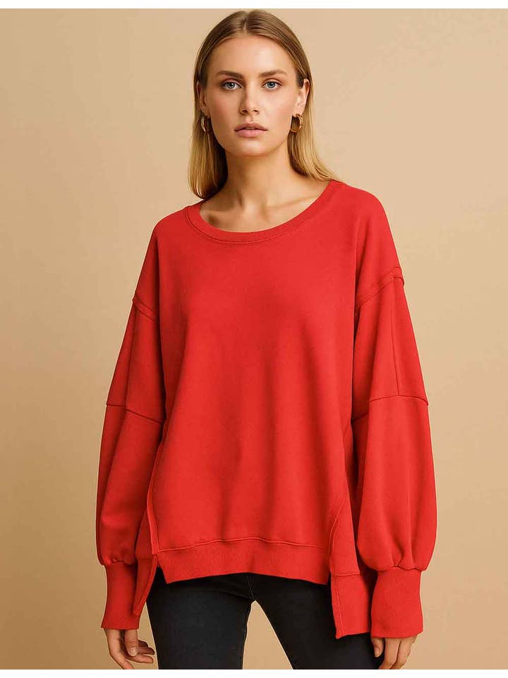 Sweetkama - Wholesale Sweatshirt - Women's - Ladies Solid Color Irregular Slouchy Sweatshirt SKT3853