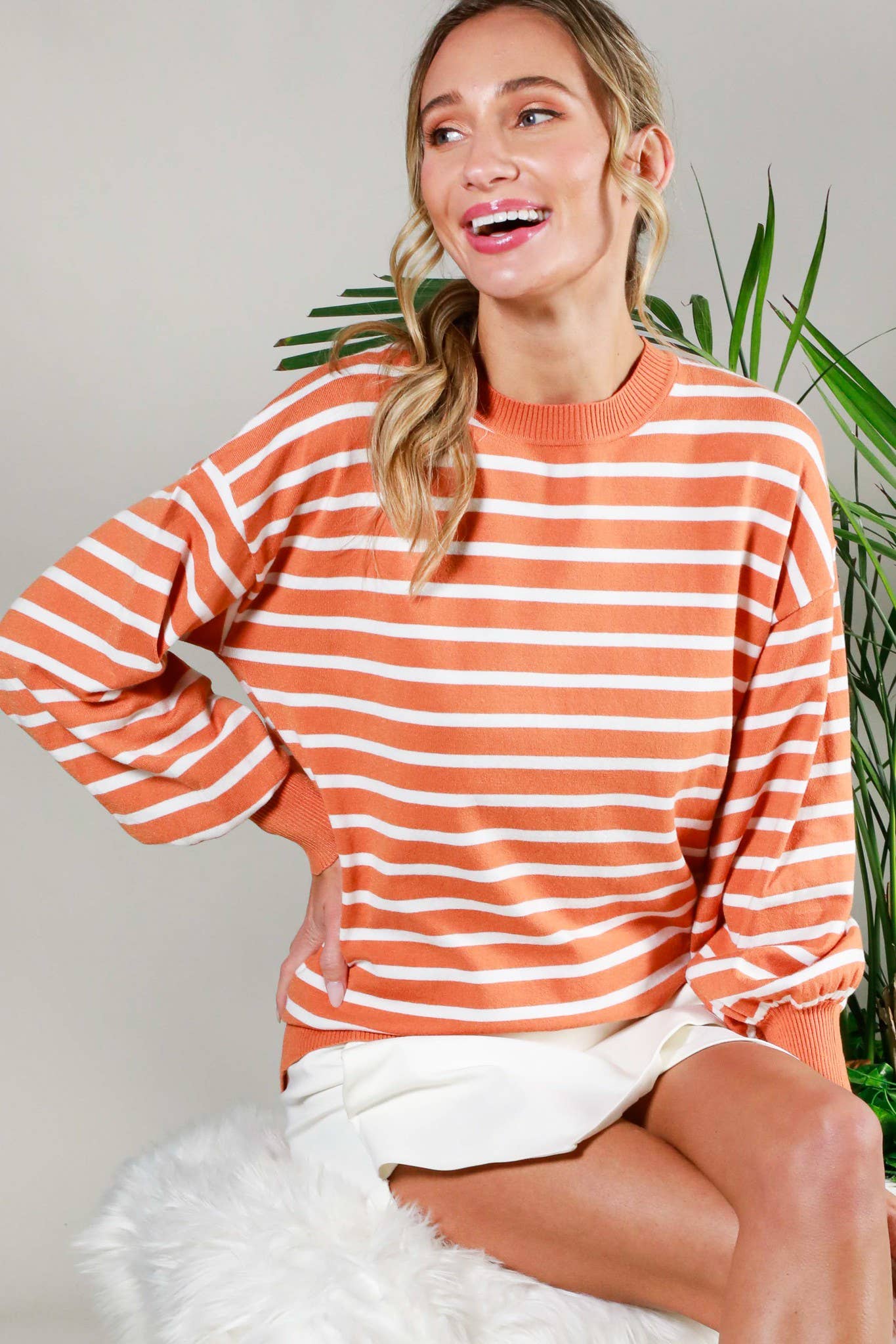 Vine & Love - Wholesale Knit Sweater - Women's - Striped Long Balloon Sleeve Knitted Sweater Top VT60387D13