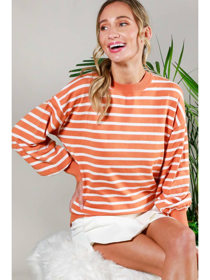 Vine & Love - Wholesale Knit Sweater - Women's - Striped Long Balloon Sleeve Knitted Sweater Top VT60387D13