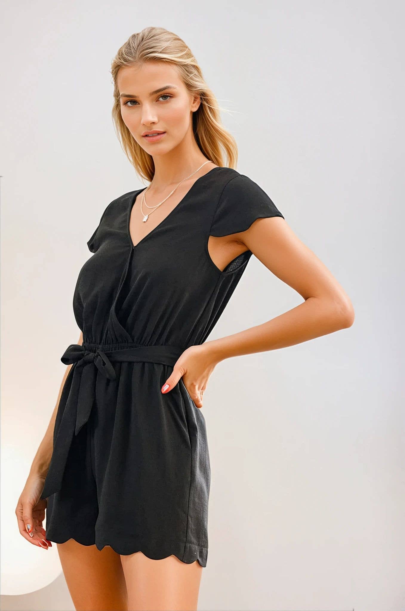 Mauve Scalloped Hem Romper with Self-Tie Ribbon - 27015R for wholesale on Faire7