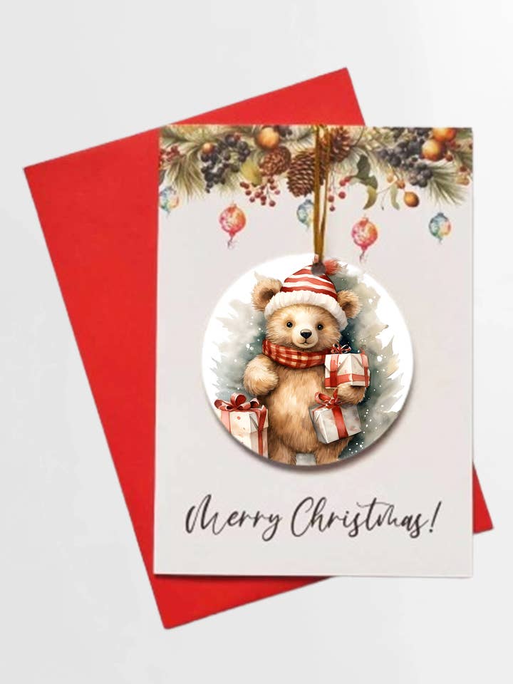 Merry Christmas Christmas Bear 15 Card + DETACHABLE BAUBLE for wholesale by Homemade Hollydays Wholesale