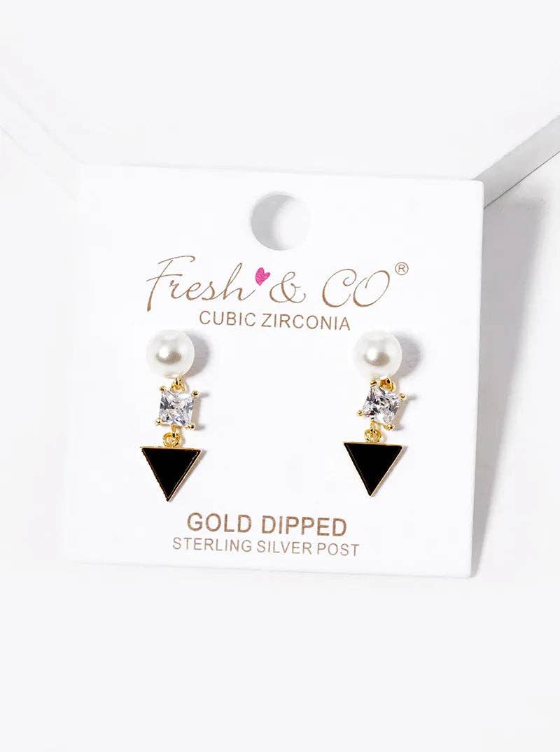 Wild Honey - Wholesale Dangle Earrings - 18k Gold Dipped Geometric CZ Pearl Dangle Post Stud Earrings1