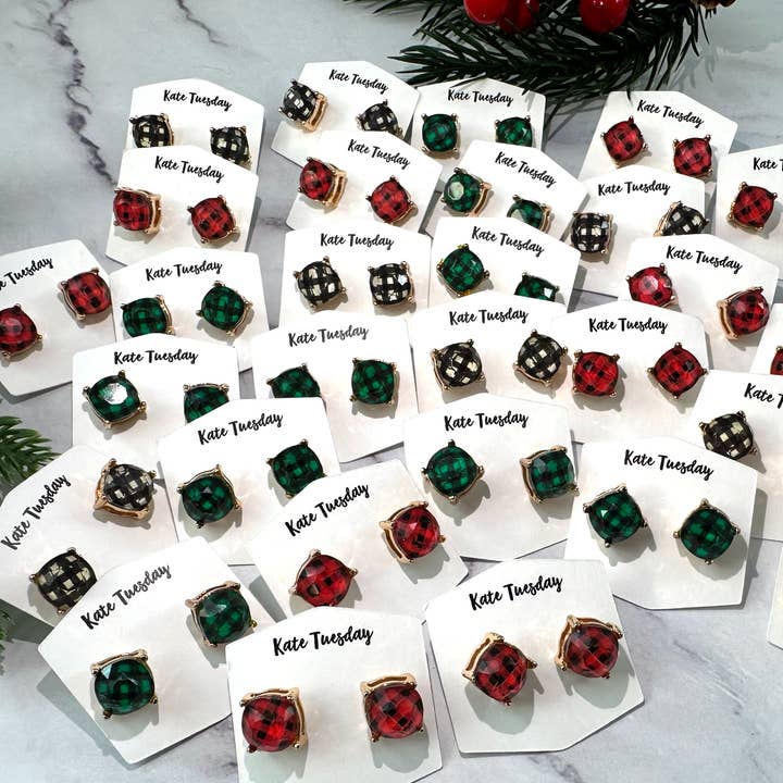 Kate Tuesday Jewelry – Brincos de pino por atacado – Brincos Plaid Round Cut1
