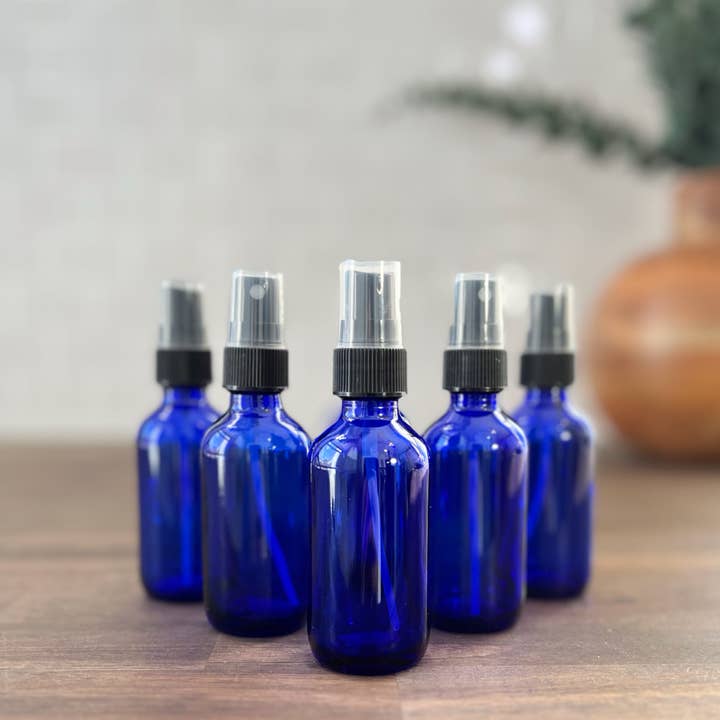 The Bottle Shoppe - Wholesale Essential Oil Holder - 2oz Cobalt Blue Glass Bottle with Black Mist Sprayer2
