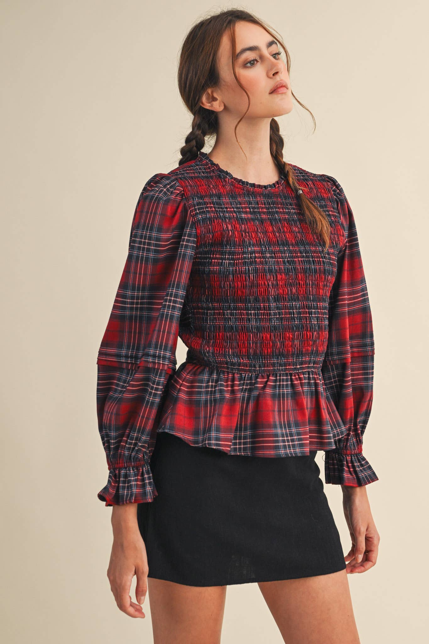 SMOCKED PLAID PUFF SLEEVE PEPLUM TOP MTP4192 for wholesale on Faire15