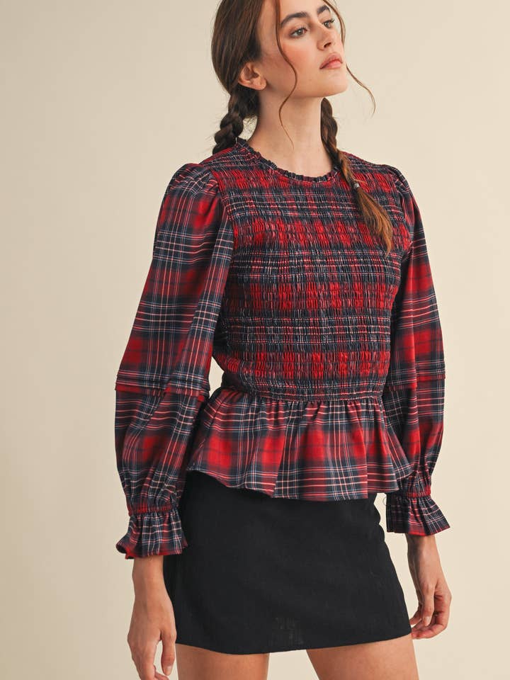 SMOCKED PLAID PUFF SLEEVE PEPLUM TOP MTP4192 for wholesale on Faire15