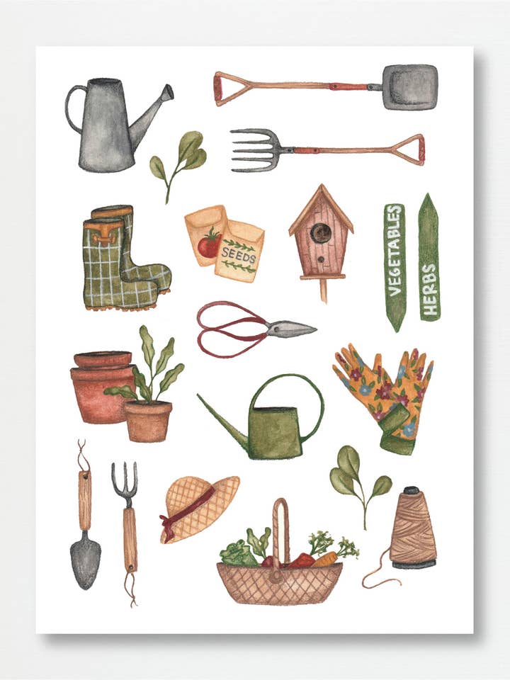 Impression artistique d'illustration d'outils de jardinage de printemps pour la vente par Fox & Fables