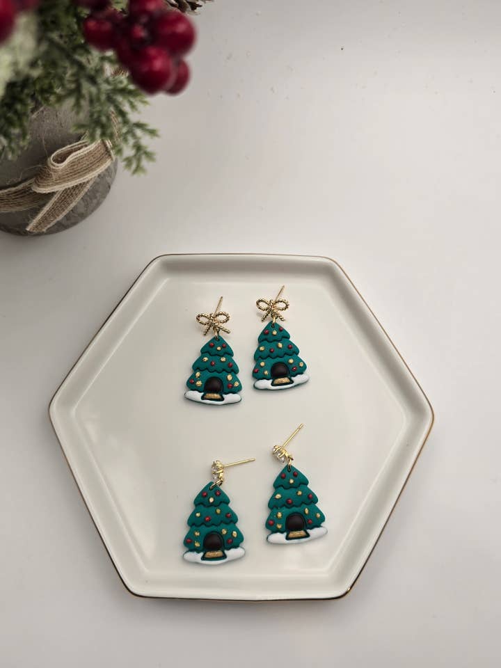 Brincos de Árvore de Natal Feitos à Mão, Jóias de Argila Polimérica por atacado de Beckys Creations