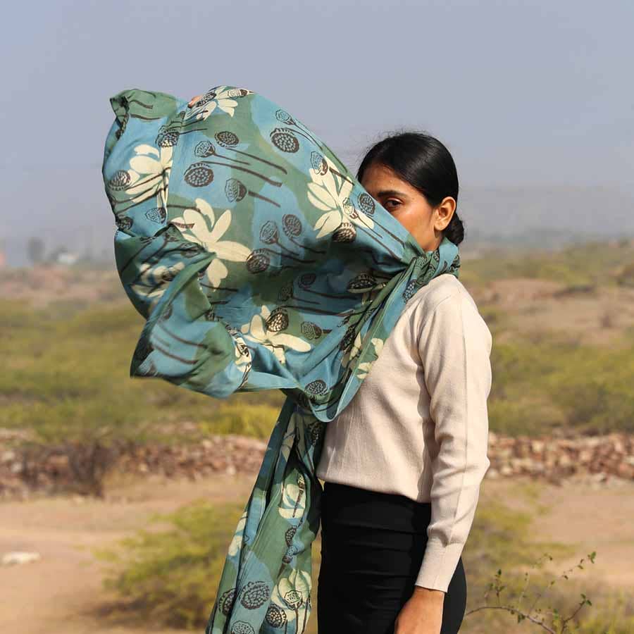 Ichcha - Wholesale Scarf - Women's - Cotton Silk Block printed Women Scarf/Wrap - Lotus Garden3