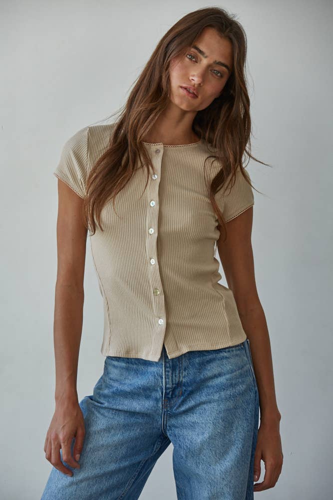 Beige RJ3493 | Knit Ribbed Buttondown Short Sleeve Cardigan Top for wholesale on Faire
