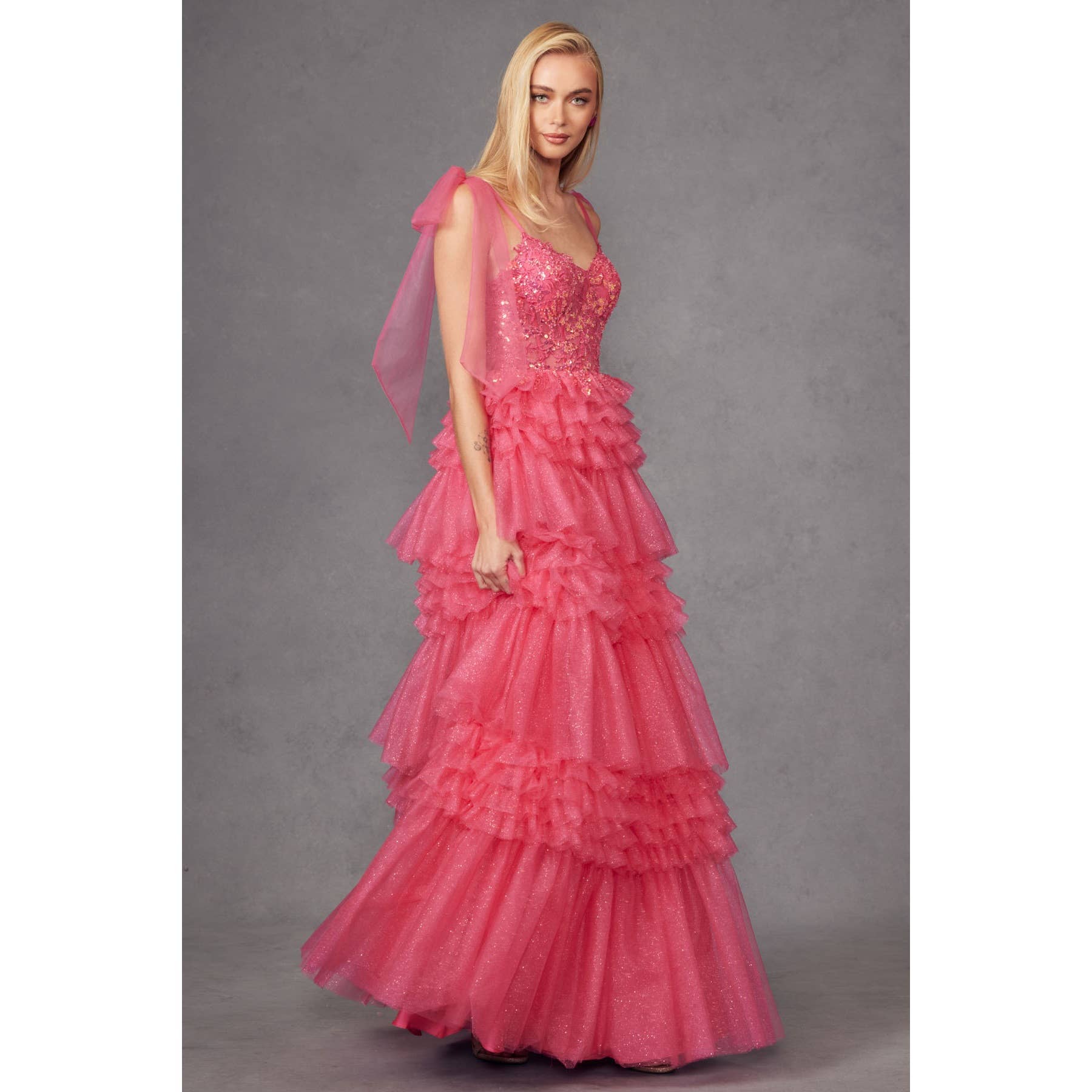 Juliet - Wholesale Dress - Women's - JT2465A TIERED RUFFLE SKIRT AND TULLE BOWS ON SHOULDER SLEEV3