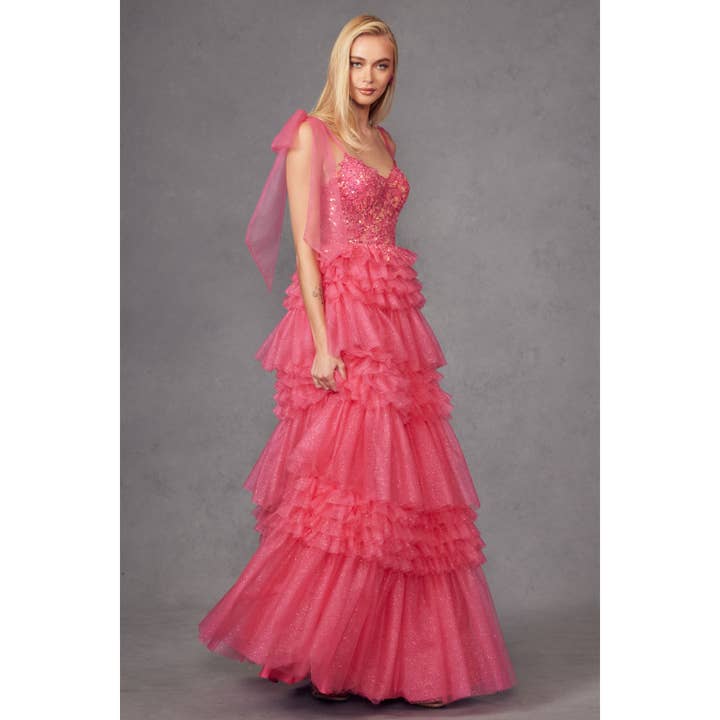 Juliet - Wholesale Dress - Women's - JT2465A TIERED RUFFLE SKIRT AND TULLE BOWS ON SHOULDER SLEEV3