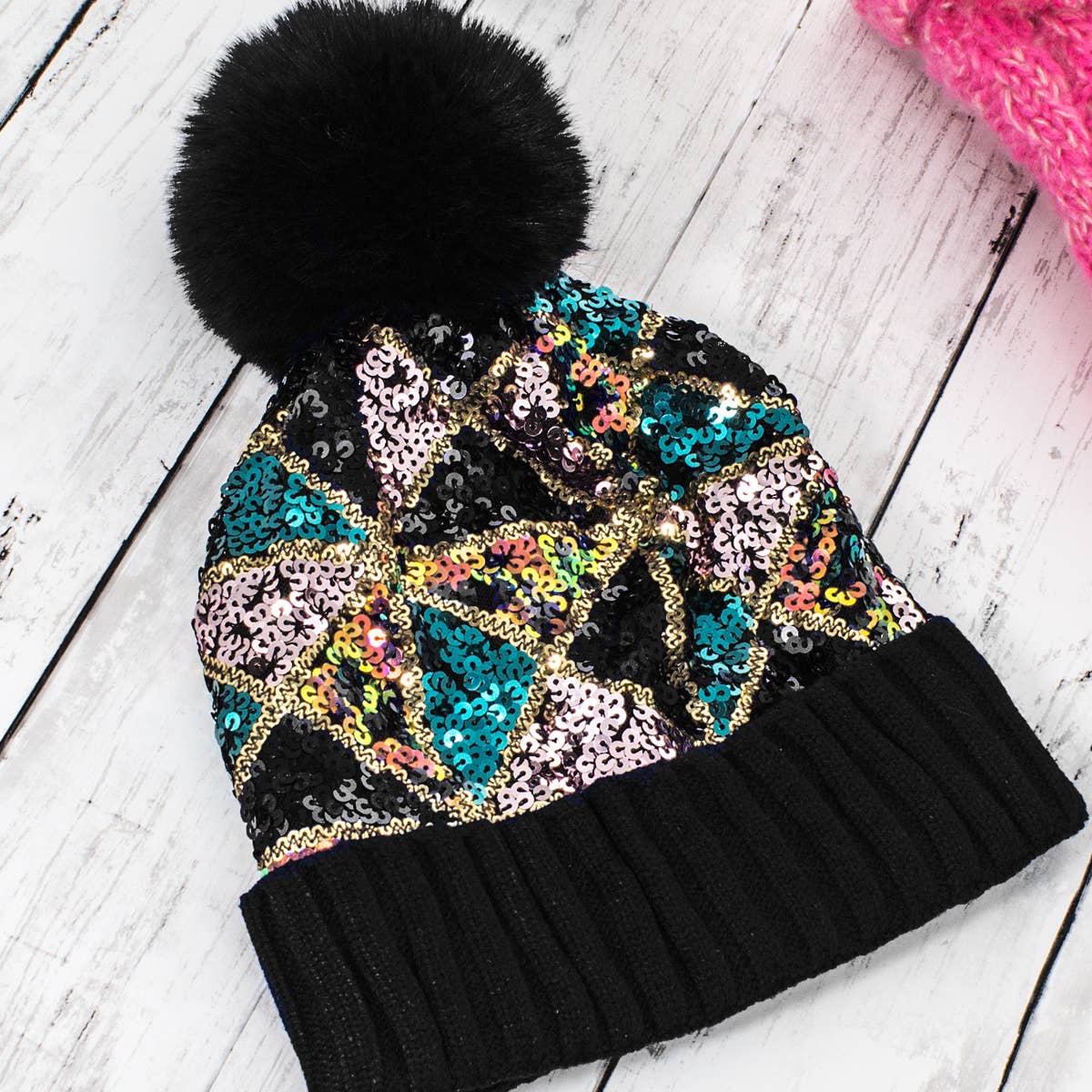 Suzie Q USA - Wholesale Beanie - Women's - Sequin Fashion Fur Pom Beanie0