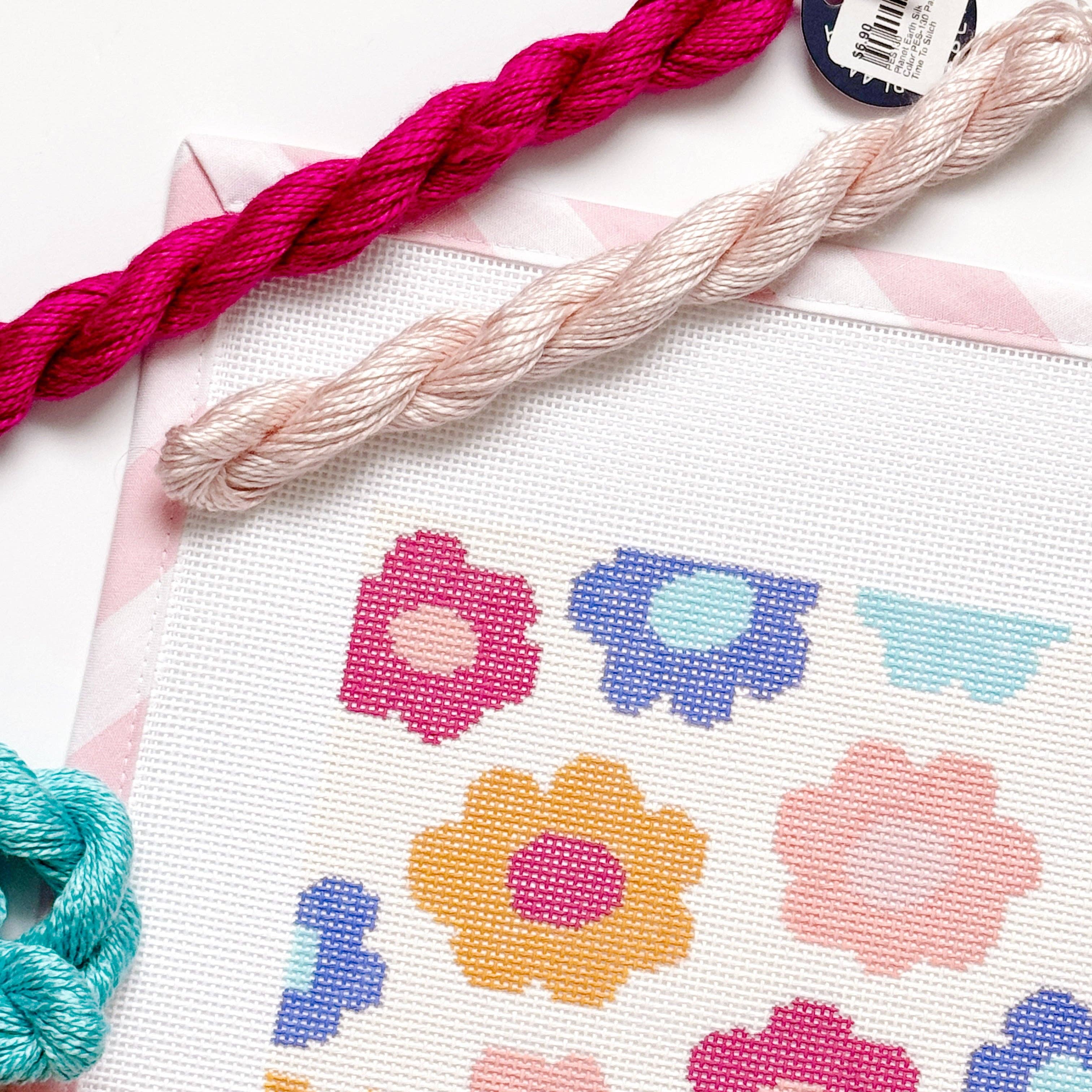 Cotswold Co Designs - Wholesale Embroidery/Cross Stitch Supplies - Retro Flower Pillow Needlepoint Canvas | Hand-Painted 13 Mesh | 8.5” x 8.5” Design on 12” x 12” Canvas | Ready to Ship8