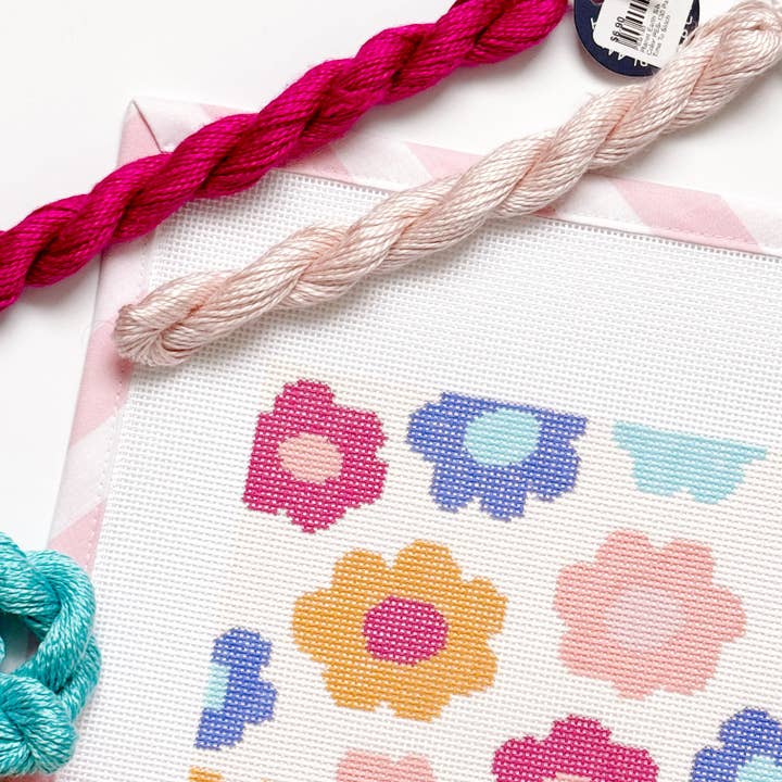 Cotswold Co Designs - Wholesale Embroidery/Cross Stitch Supplies - Retro Flower Pillow Needlepoint Canvas | Hand-Painted 13 Mesh | 8.5” x 8.5” Design on 12” x 12” Canvas | Ready to Ship8