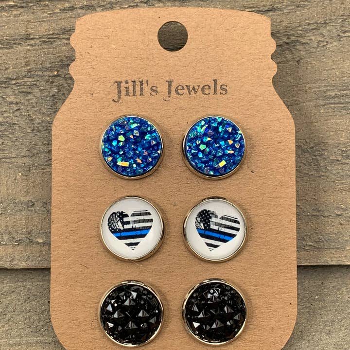 Blue Line Lot de 3 boucles d'oreilles en forme de cœur noir pour la vente par Jill's Jewels