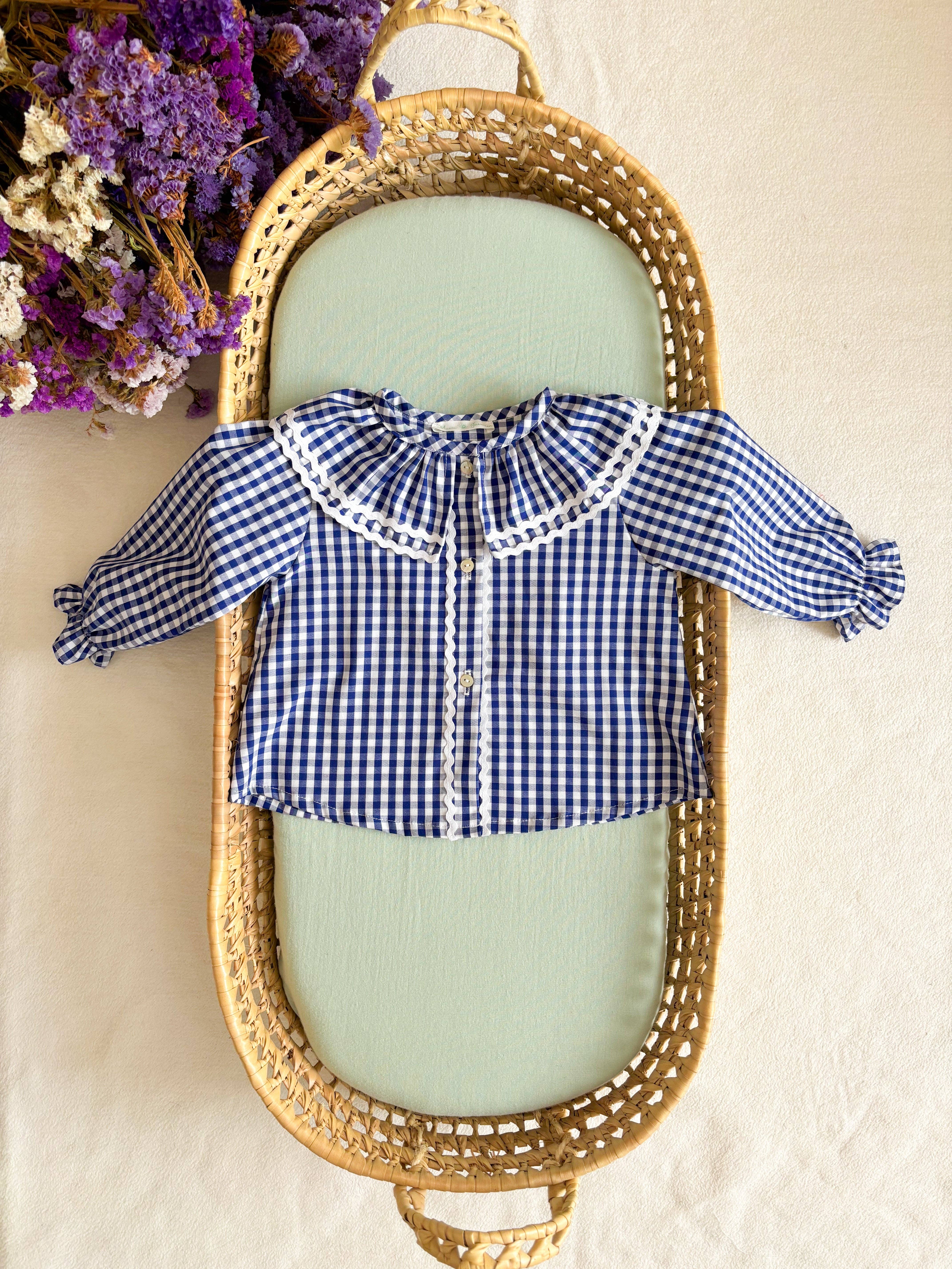 Maria Jasmim Baby & Child - Wholesale T-Shirt - Kids - Blue Vichy Shirt with Ruffled Collar1