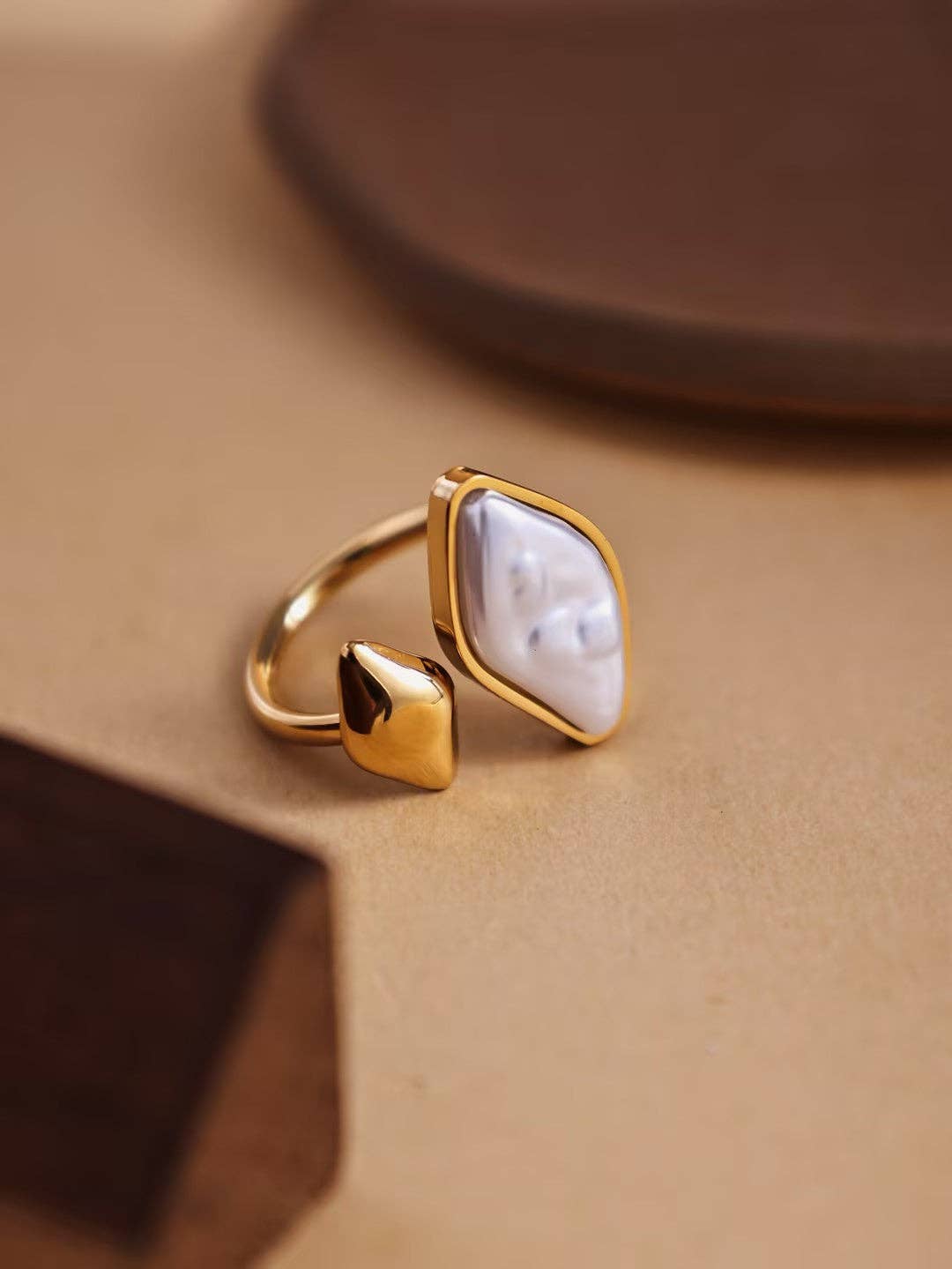 Revelari - Wholesale Cocktail/Statement Ring - Gold Ring with Unique Pearl and Geometric Design0
