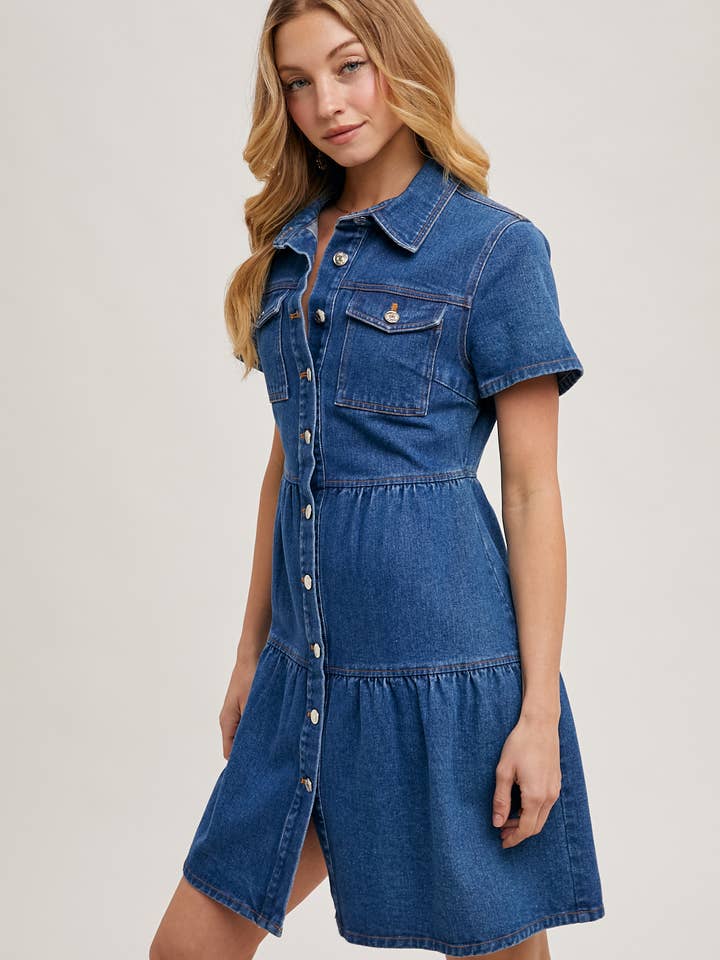 Bluivy - Wholesale Dress - Women's - DENIM TIERED BUTTON FRONT SHIRT DRESS