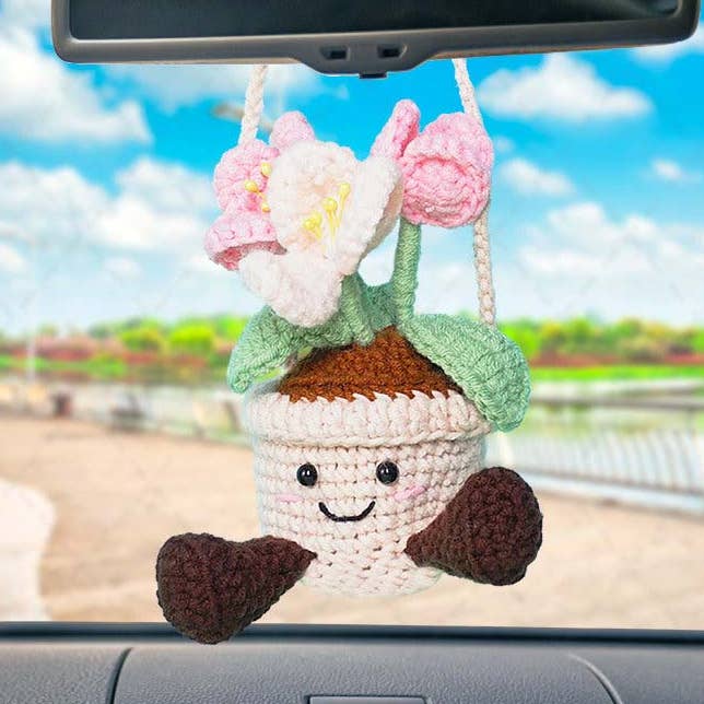 Crochet Smiling Tulip Flower Plant Pot Car Mirror Hanging for wholesale by TOMOPOD LLC