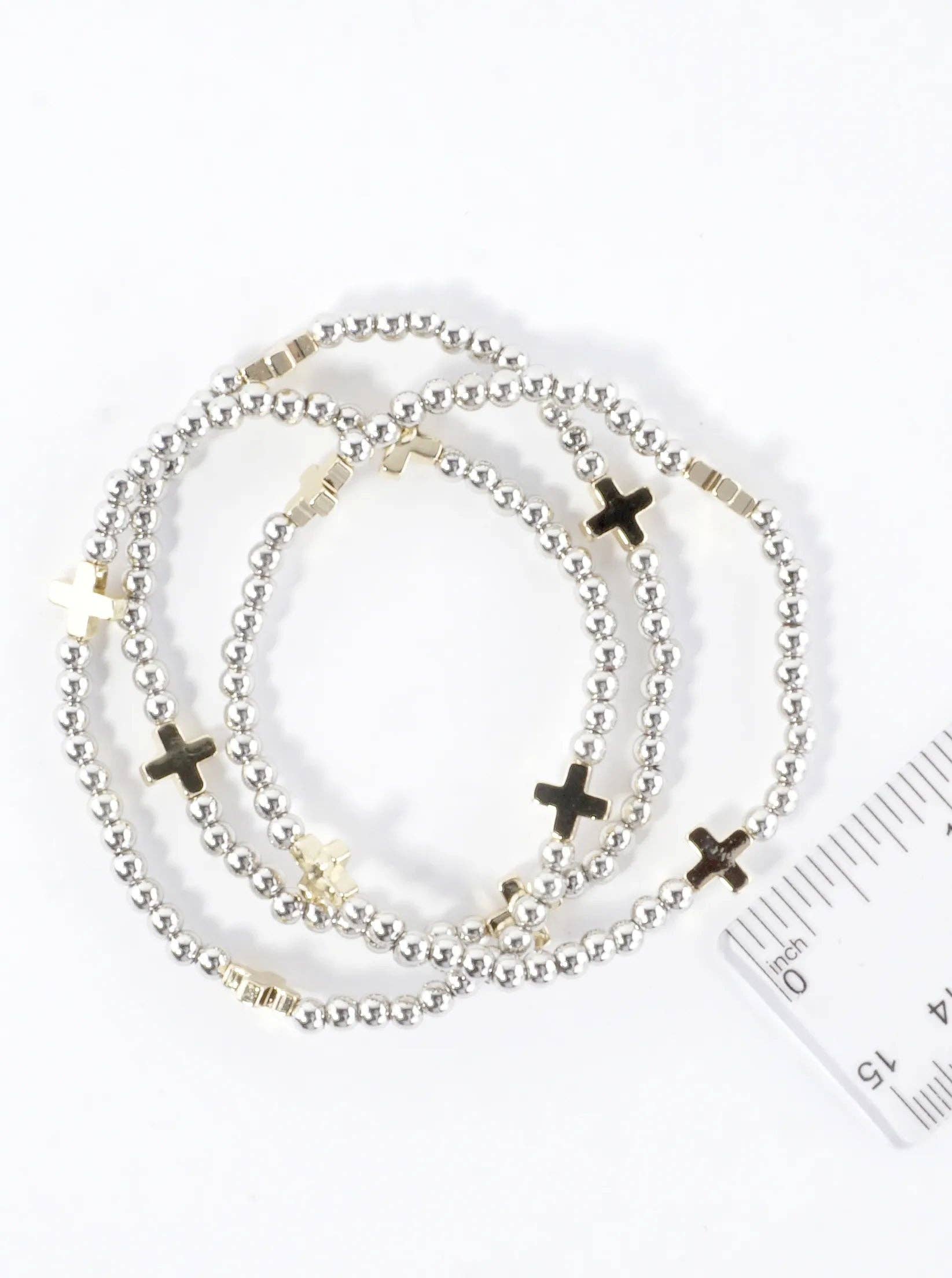 Wild Honey - Wholesale Jewelry Set - 3PC-Set Metallic Beads Cross Stackable Stretch Bracelets3